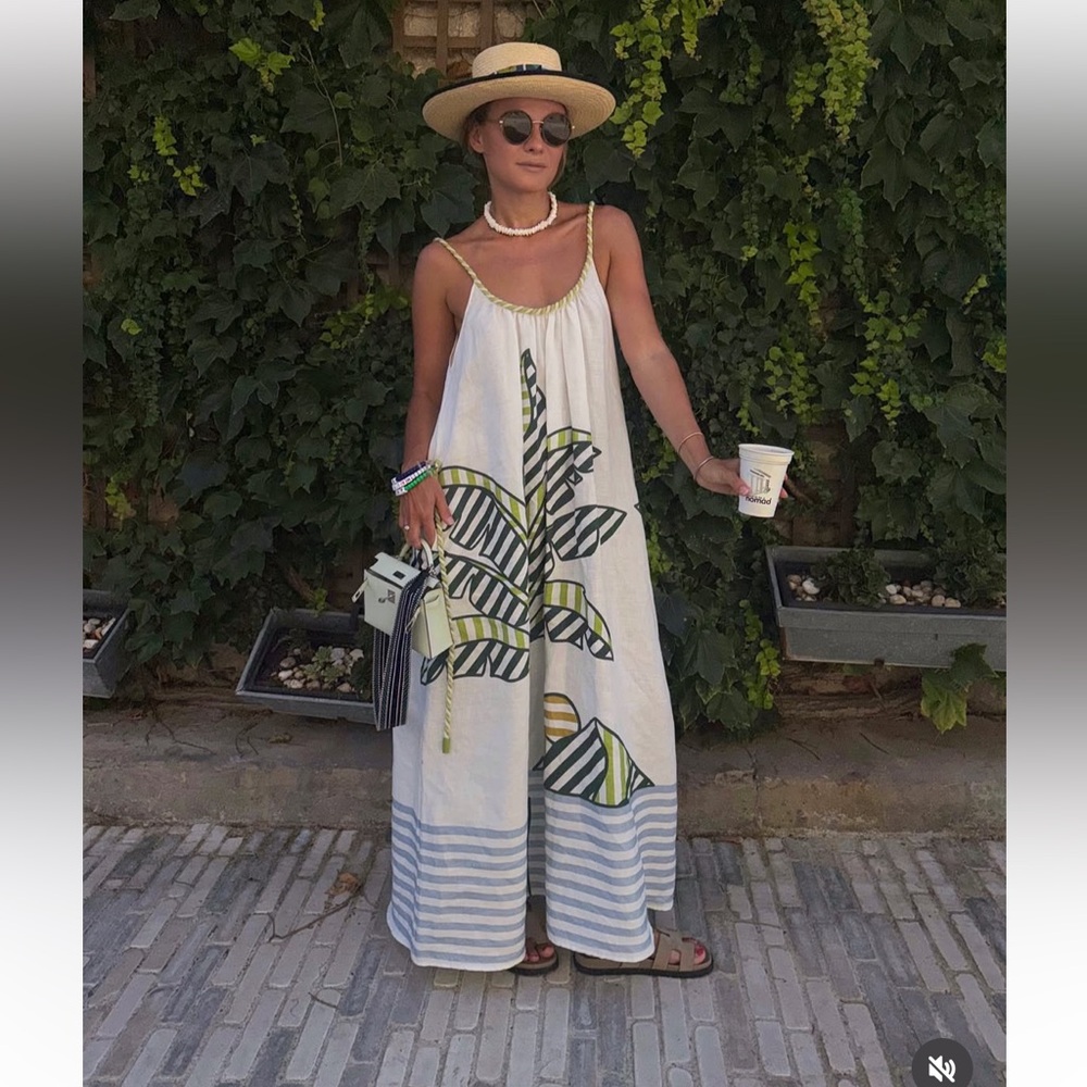 FARM Rio Off-White Banana Tree Euroflax™ Premium Linen Maxi Dress. Tropical prin
